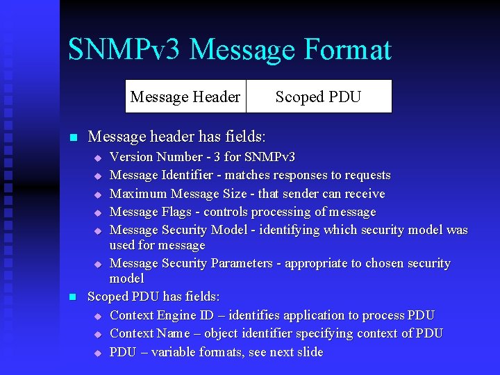 SNMPv 3 Message Format Message Header n Message header has fields: Version Number -
