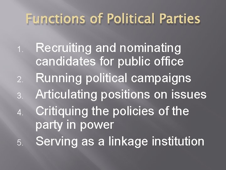 Functions of Political Parties 1. 2. 3. 4. 5. Recruiting and nominating candidates for