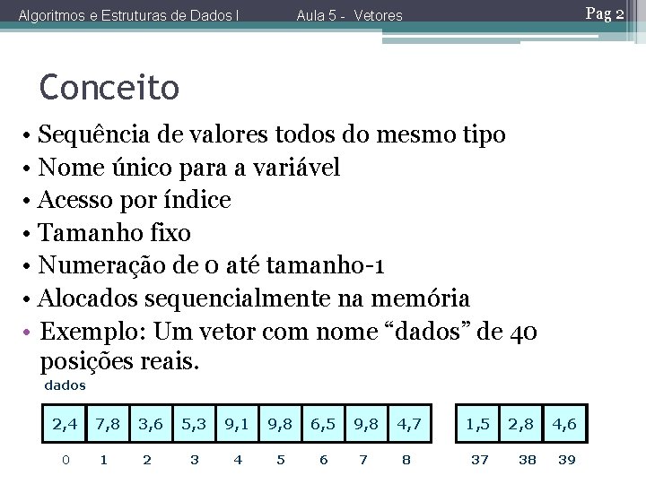 Algoritmos e Estruturas de Dados I Pag 2 Aula 5 - Vetores Conceito •