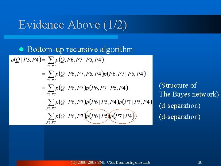 Evidence Above (1/2) Bottom-up recursive algorithm l Ex. p(Q|P 5, P 4) l (Structure