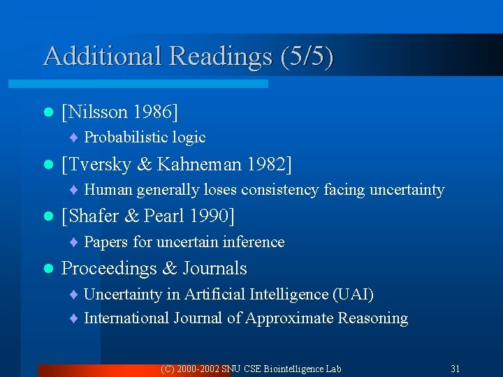 Additional Readings (5/5) l [Nilsson 1986] ¨ Probabilistic logic l [Tversky & Kahneman 1982]