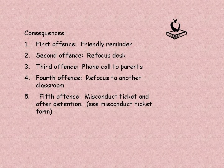 Consequences: 1. First offence: Friendly reminder 2. Second offence: Refocus desk 3. Third offence: