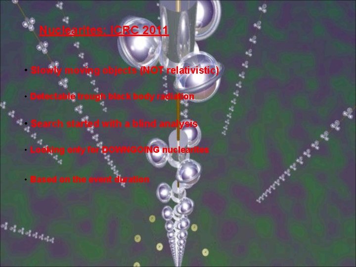Nuclearites: ICRC 2011 • Slowly moving objects (NOT relativistic) • Detectable trough black body