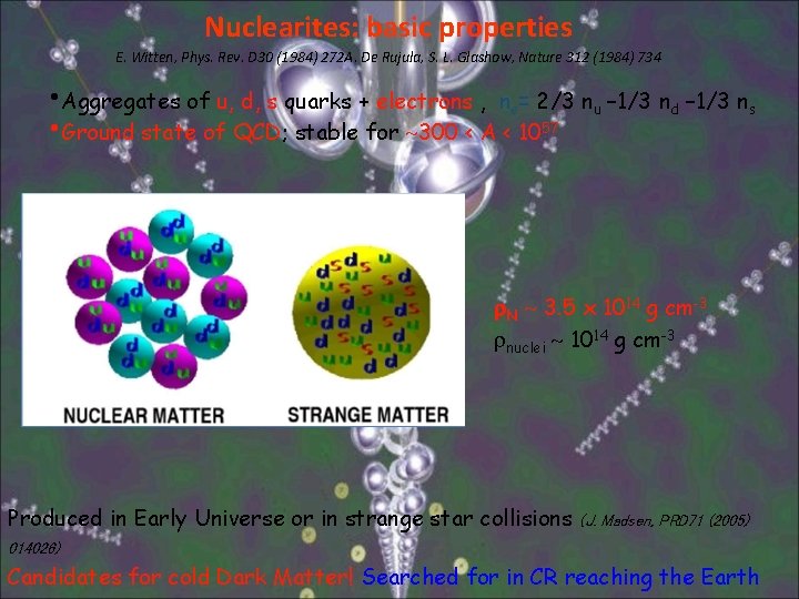 Nuclearites: basic properties E. Witten, Phys. Rev. D 30 (1984) 272 A. De Rujula,
