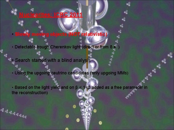 Nuclearites: ICRC 2011 • Slowly moving objects (NOT relativistic) • Detectable trough Cherenkov light