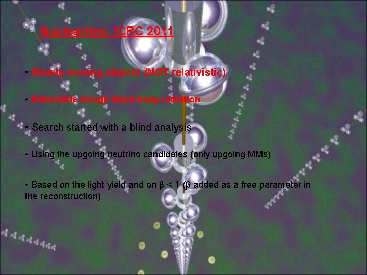 Nuclearites: ICRC 2011 • Slowly moving objects (NOT relativistic) • Detectable trough black body