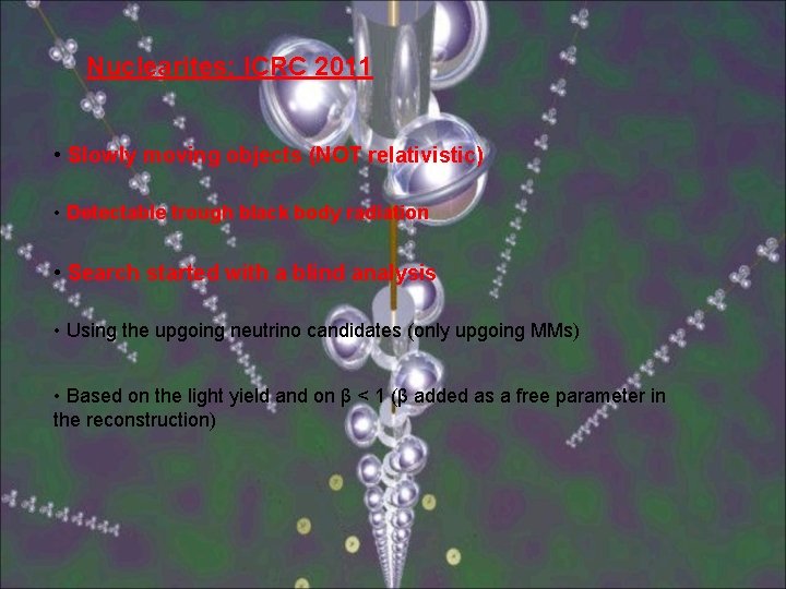 Nuclearites: ICRC 2011 • Slowly moving objects (NOT relativistic) • Detectable trough black body