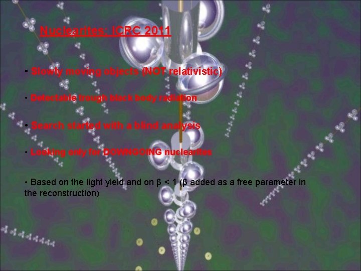 Nuclearites: ICRC 2011 • Slowly moving objects (NOT relativistic) • Detectable trough black body