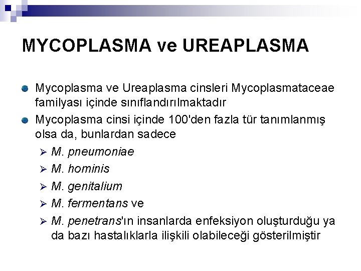 MYCOPLASMA ve UREAPLASMA Mycoplasma ve Ureaplasma cinsleri Mycoplasmataceae familyası içinde sınıflandırılmaktadır Mycoplasma cinsi içinde