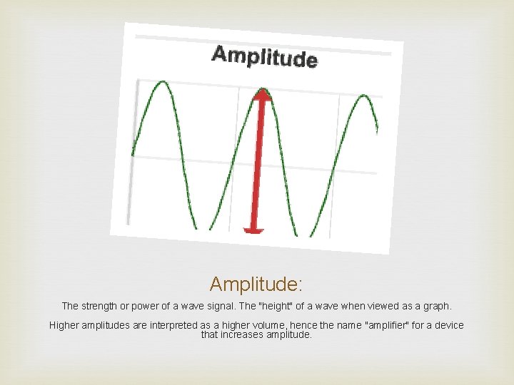 Amplitude: The strength or power of a wave signal. The "height" of a wave