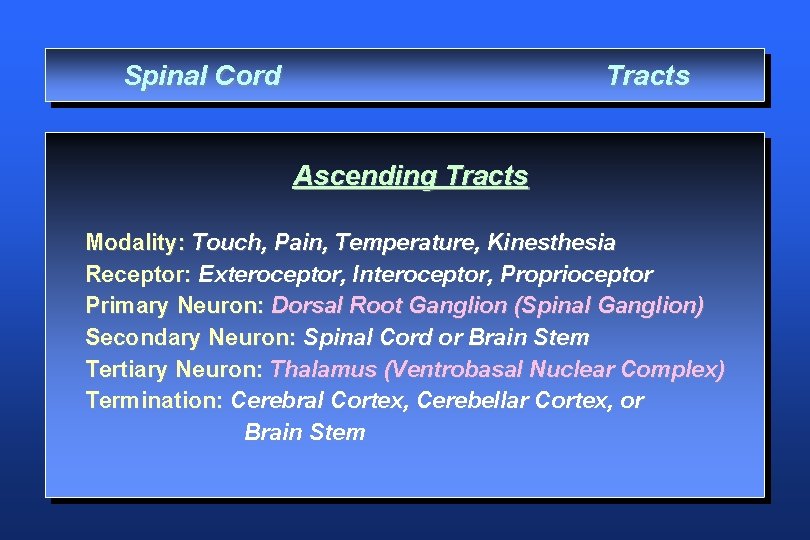 Spinal Cord Tracts Ascending Tracts Modality: Touch, Pain, Temperature, Kinesthesia Receptor: Exteroceptor, Interoceptor, Proprioceptor