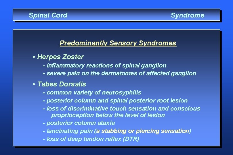 Spinal Cord Syndrome Predominantly Sensory Syndromes • Herpes Zoster - inflammatory reactions of spinal