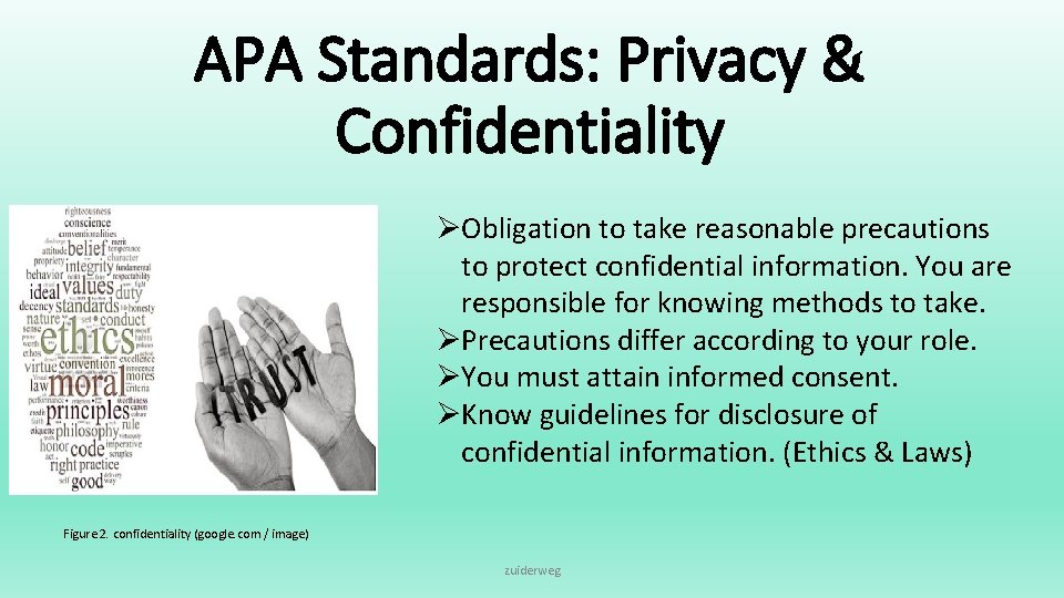 APA Standards: Privacy & Confidentiality ØObligation to take reasonable precautions to protect confidential information.