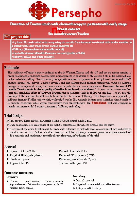 Version 19. 1 Jan 2015 Duration of Trastuzumab with chemotherapy in patients with early