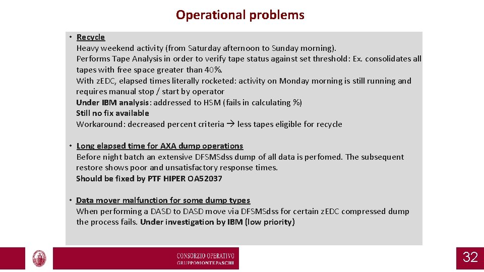 Operational problems • Recycle Heavy weekend activity (from Saturday afternoon to Sunday morning). Performs