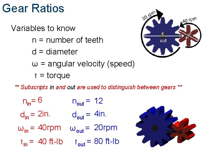 Gear Ratios Variables to know n = number of teeth d = diameter ω