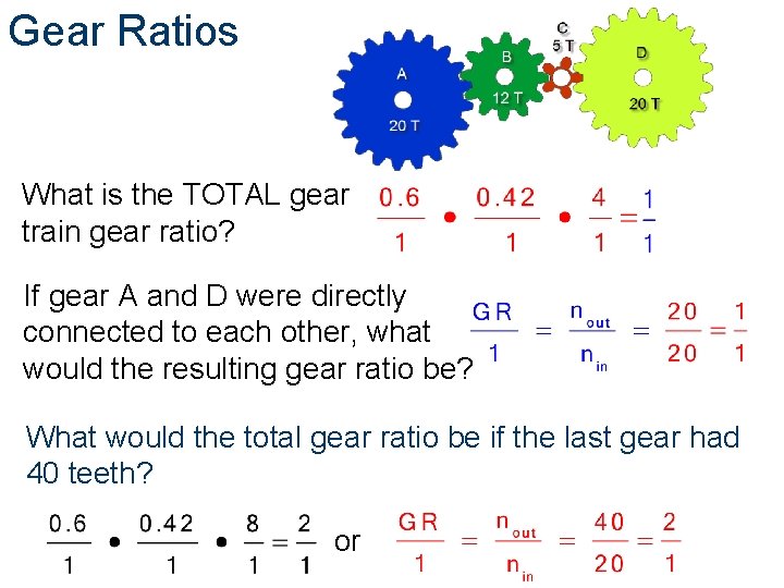 Gear Ratios What is the TOTAL gear train gear ratio? If gear A and