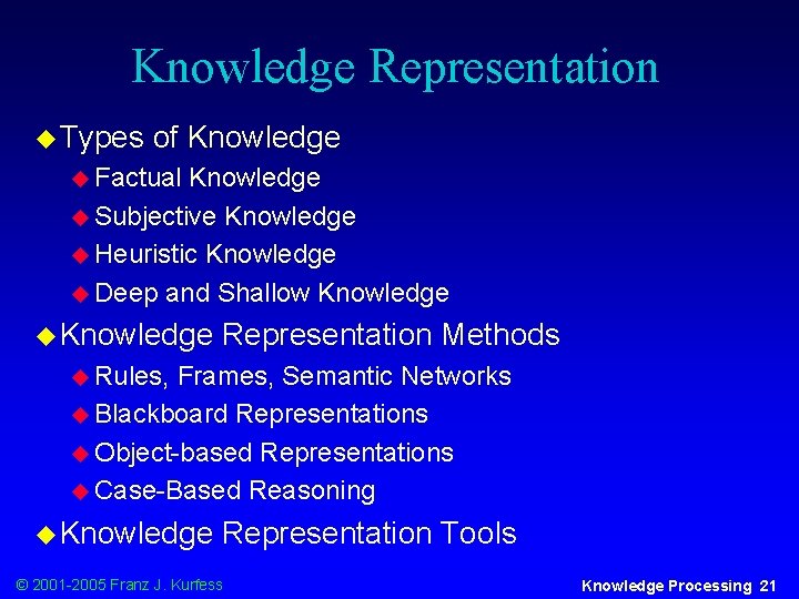 Knowledge Representation u Types of Knowledge u Factual Knowledge u Subjective Knowledge u Heuristic