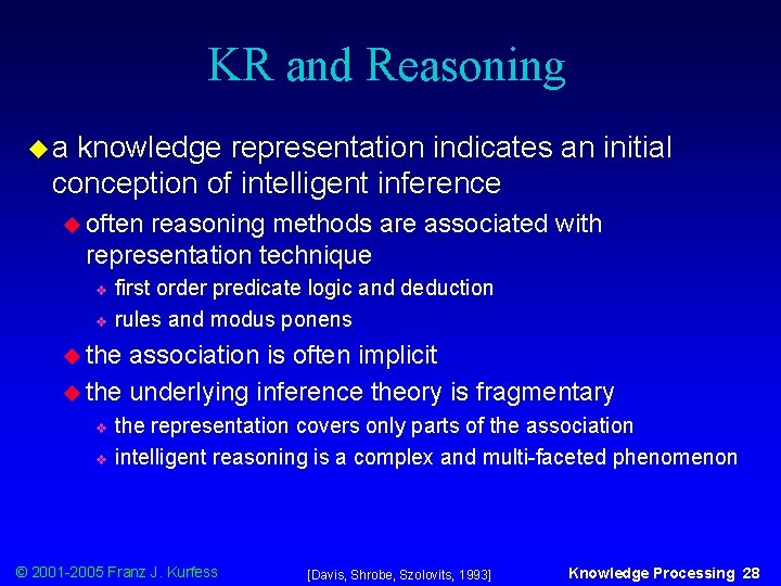 KR and Reasoning ua knowledge representation indicates an initial conception of intelligent inference u