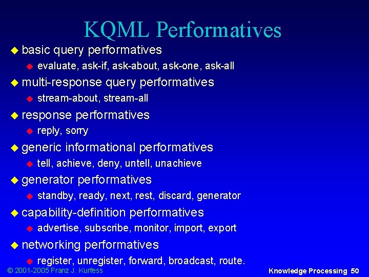 KQML Performatives u basic u query performatives evaluate, ask-if, ask-about, ask-one, ask-all u multi-response