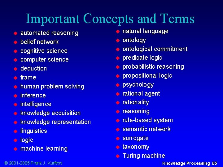 Important Concepts and Terms u u u u automated reasoning belief network cognitive science