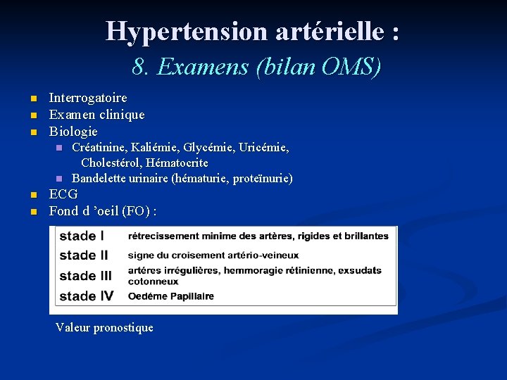 Hypertension artérielle : 8. Examens (bilan OMS) n n n Interrogatoire Examen clinique Biologie