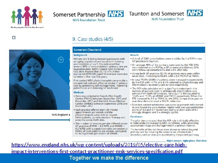 https: //www. england. nhs. uk/wp-content/uploads/2019/05/elective-care-highimpact-interventions-first-contact-practitioner-msk-services-specification. pdf Together we make the difference 