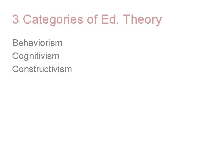 3 Categories of Ed. Theory Behaviorism Cognitivism Constructivism 