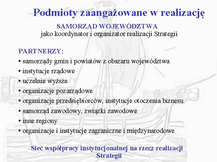 Podmioty zaangażowane w realizację SAMORZĄD WOJEWÓDZTWA jako koordynator i organizator realizacji Strategii PARTNERZY: • Podmioty zaangażowane w realizację SAMORZĄD WOJEWÓDZTWA jako koordynator i organizator realizacji Strategii PARTNERZY: •
