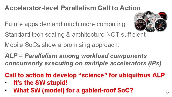 Accelerator-level Parallelism Call to Action Future apps demand much more computing Standard tech scaling