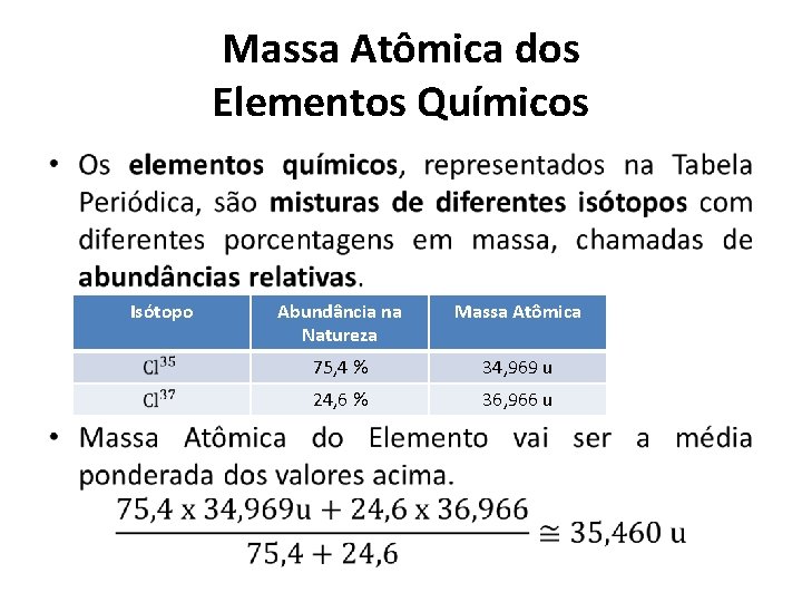 Massa Atômica dos Elementos Químicos • Isótopo Abundância na Natureza Massa Atômica 75, 4