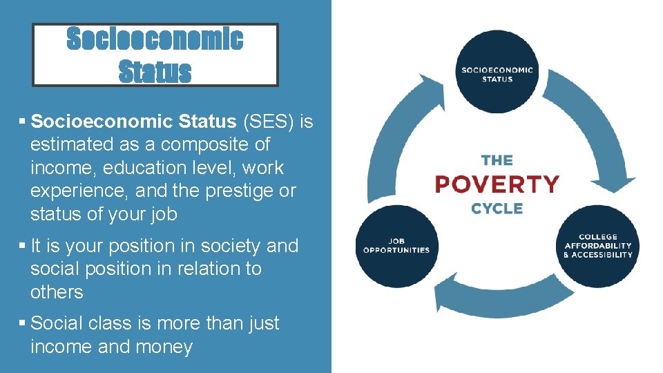 Socioeconomic Status § Socioeconomic Status (SES) is estimated as a composite of income, education