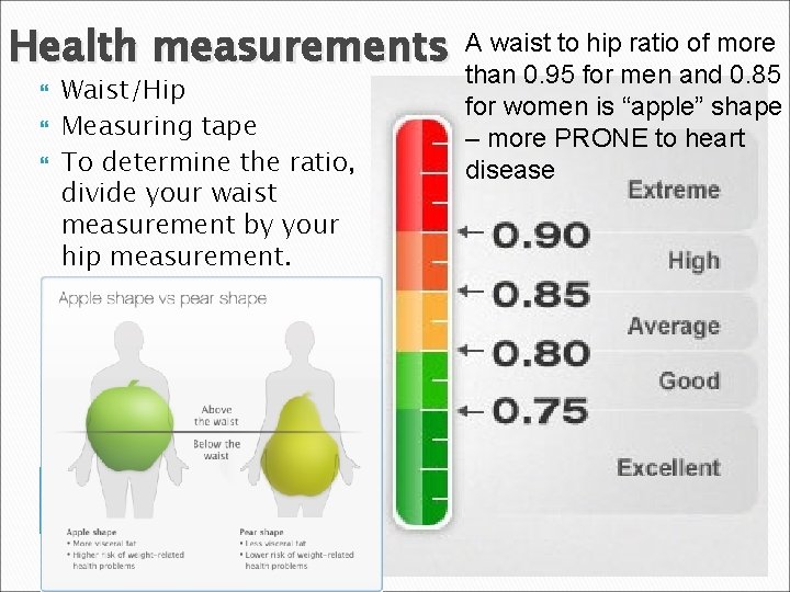 Health measurements Waist/Hip Measuring tape To determine the ratio, divide your waist measurement by
