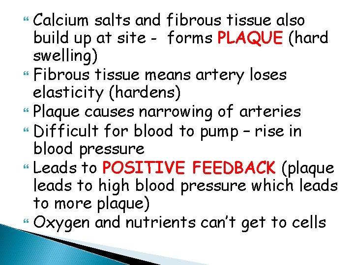 Calcium salts and fibrous tissue also build up at site - forms PLAQUE (hard