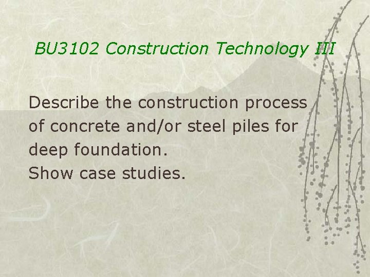 BU 3102 Construction Technology III Describe the construction process of concrete and/or steel piles