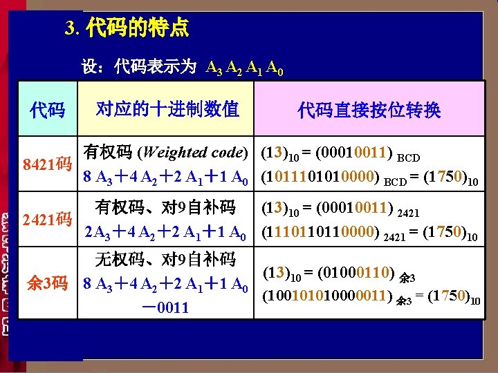 3. 代码的特点 设：代码表示为 A 3 A 2 A 1 A 0 代码 对应的十进制数值 代码直接按位转换