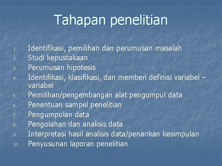 Tahapan penelitian 1. 2. 3. 4. 5. 6. 7. 8. 9. 10. Identifikasi, pemilihan