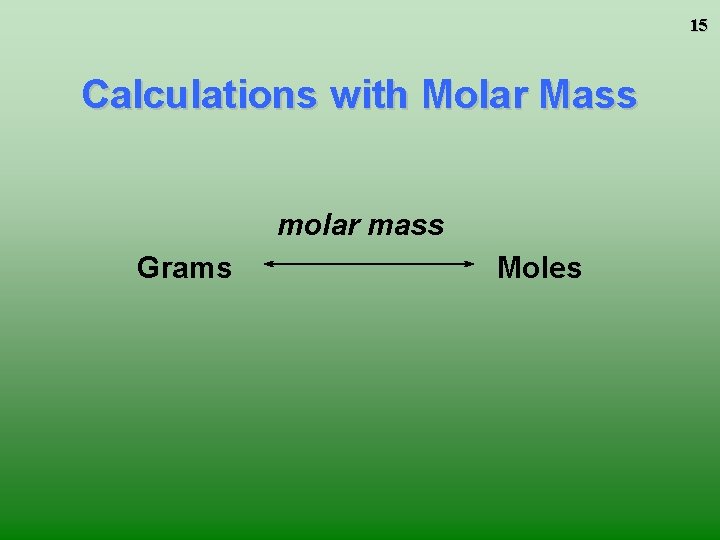15 Calculations with Molar Mass molar mass Grams Moles 