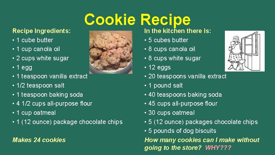 Cookie Recipe Ingredients: • 1 cube butter • 1 cup canola oil • 2