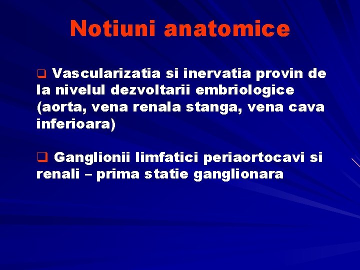 Notiuni anatomice q Vascularizatia si inervatia provin de la nivelul dezvoltarii embriologice (aorta, vena