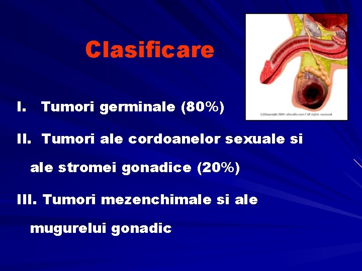 Clasificare I. Tumori germinale (80%) II. Tumori ale cordoanelor sexuale si ale stromei gonadice