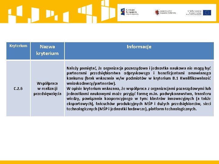 Kryterium C. 2. 6 Nazwa kryterium Współpraca w realizacji przedsięwzięcia Informacje Należy pamiętać, że