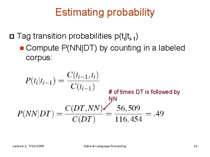 Estimating probability Tag transition probabilities p(ti|ti-1) Compute P(NN|DT) by counting in a labeled corpus: