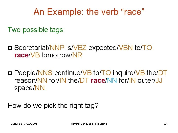 An Example: the verb “race” Two possible tags: Secretariat/NNP is/VBZ expected/VBN to/TO race/VB tomorrow/NR