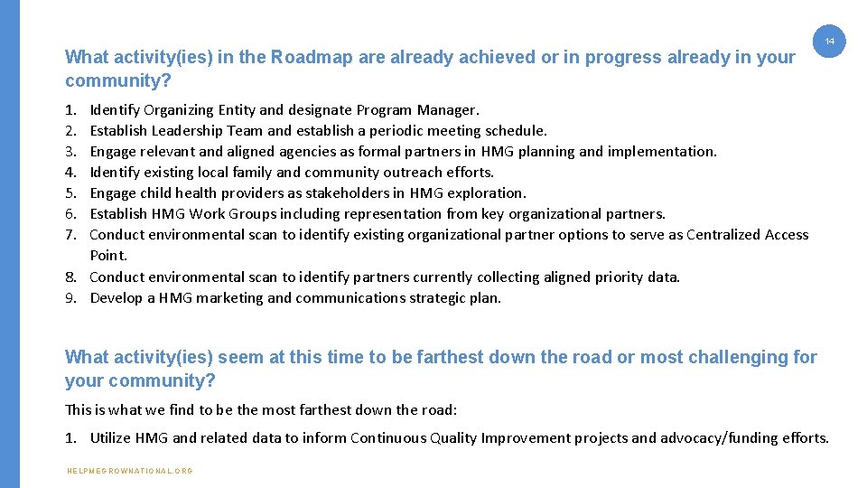 14 What activity(ies) in the Roadmap are already achieved or in progress already in