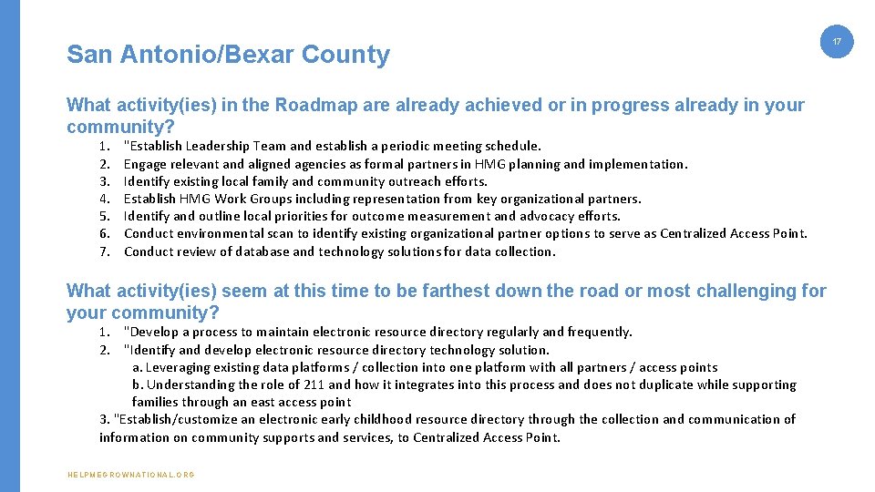 San Antonio/Bexar County What activity(ies) in the Roadmap are already achieved or in progress