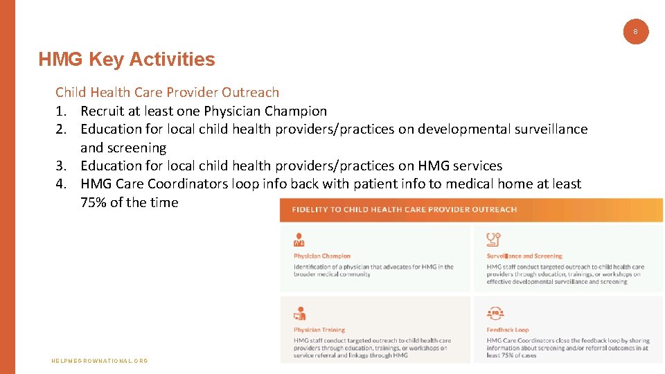 8 HMG Key Activities Child Health Care Provider Outreach 1. Recruit at least one