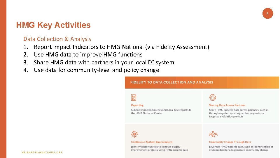 9 HMG Key Activities Data Collection & Analysis 1. Report Impact Indicators to HMG