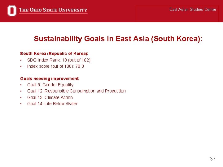 East Asian Studies Center Sustainability Goals in East Asia (South Korea): South Korea (Republic