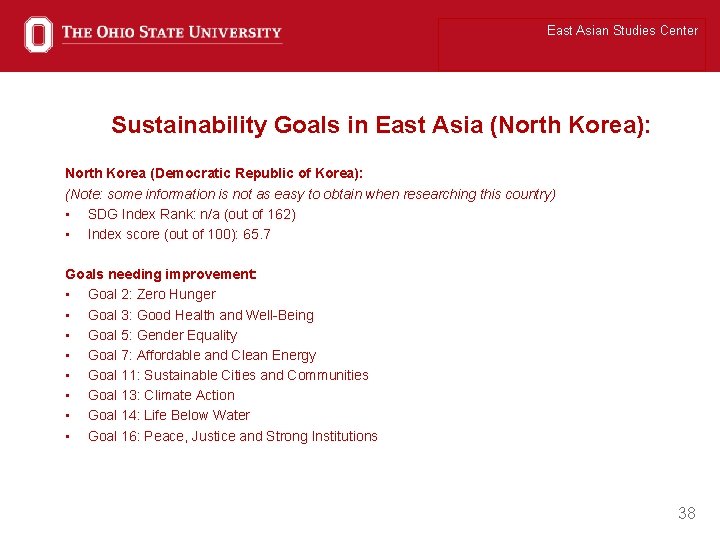 East Asian Studies Center Sustainability Goals in East Asia (North Korea): North Korea (Democratic